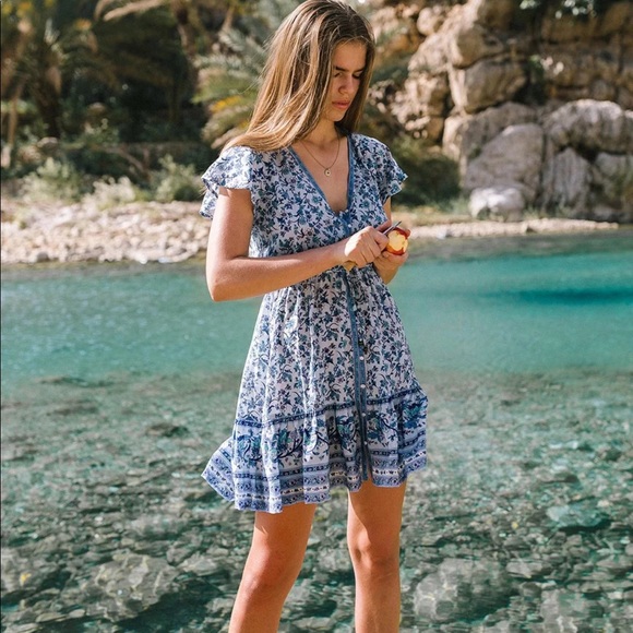 Boho Floral Gypsy Print Button Up Blue Dress - Picture 3 of 6